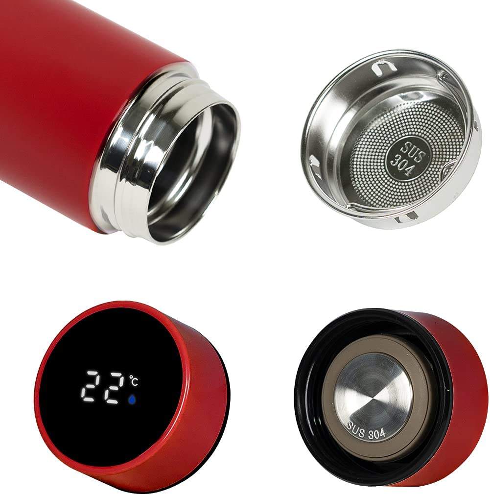 Personalized red temperature water bottle with digital display and stainless steel design for temperature control