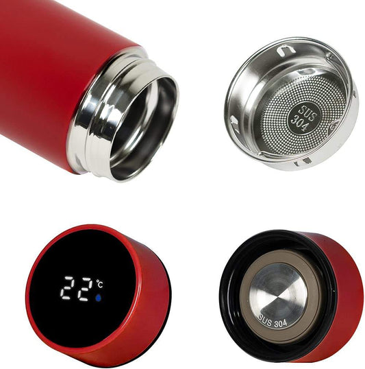 Personalized red temperature water bottle with digital display and stainless steel design for temperature control
