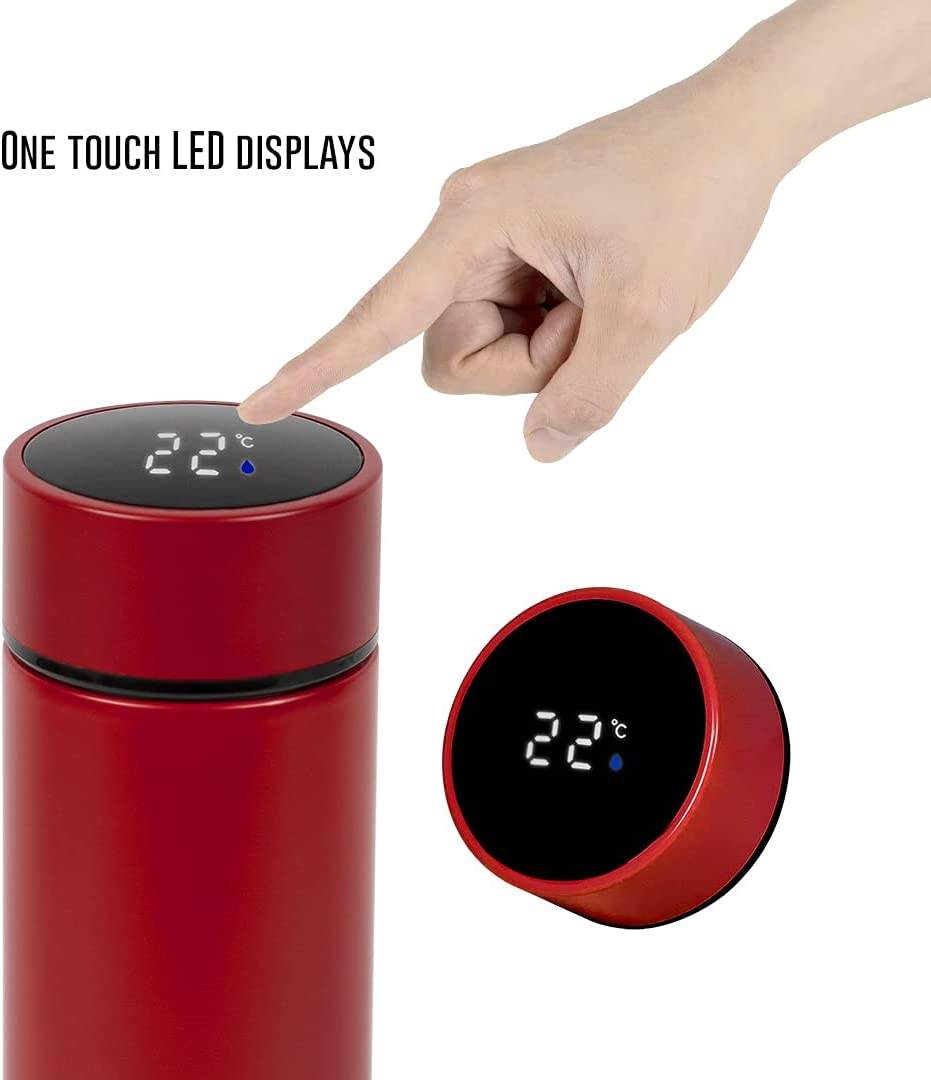 Personalized red temperature water bottle with one touch LED display for temperature measurement