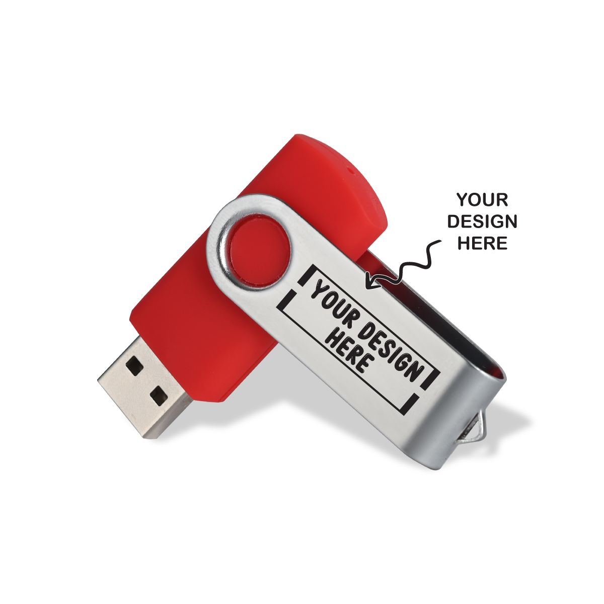 Personalized red USB drive with custom design option on a swivel body for easy access