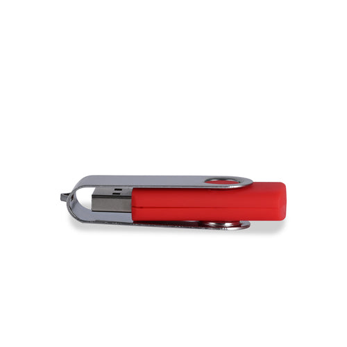 Personalized red USB drive with a sleek design and easy clip for portability