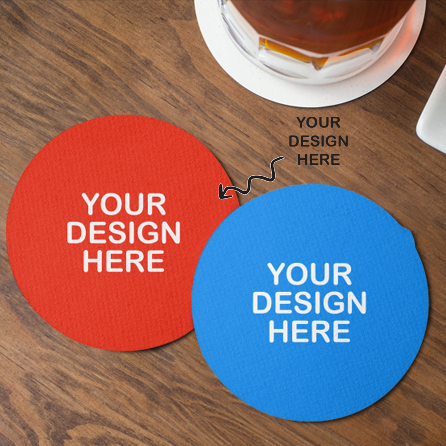 Customizable personalized round coasters bulk in red and blue with space for your design