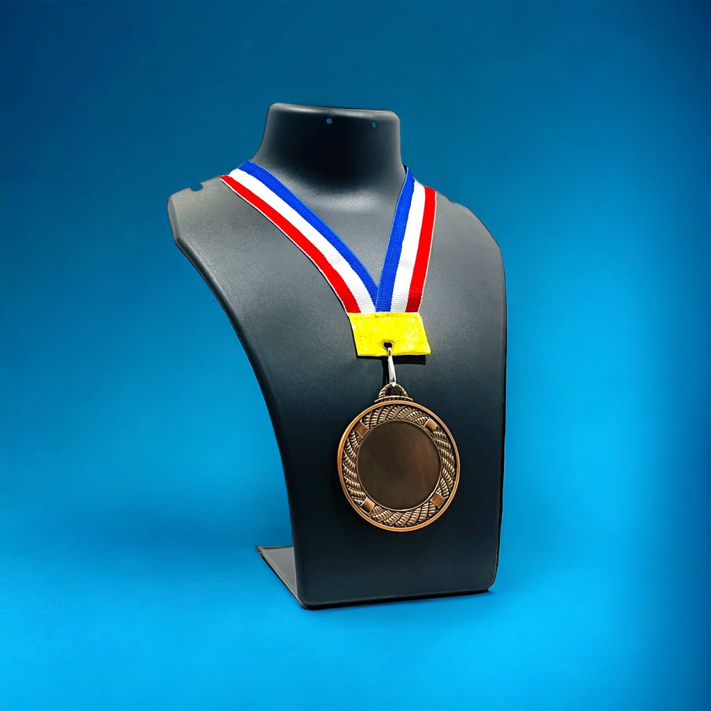 Personalized Round Medal on display with red, white, and blue ribbon for special achievements