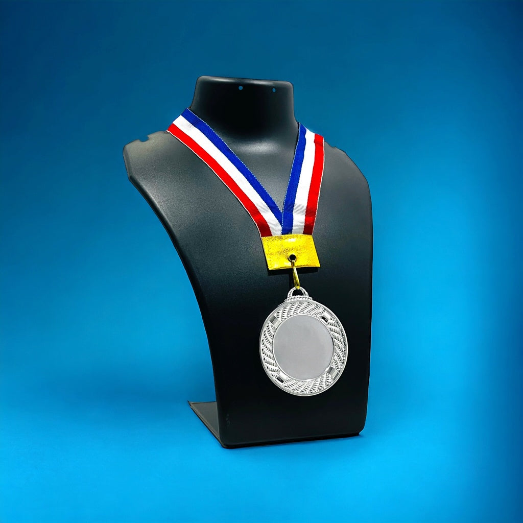Personalized Round Medal displayed on a black stand with a colorful ribbon for awards and achievements