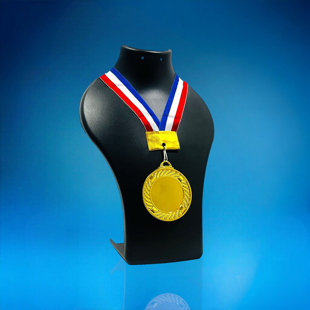 Personalized Round Medal displayed on a black stand with a red, white, and blue ribbon