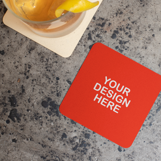 Personalized square coasters featuring a customizable design for home or office use