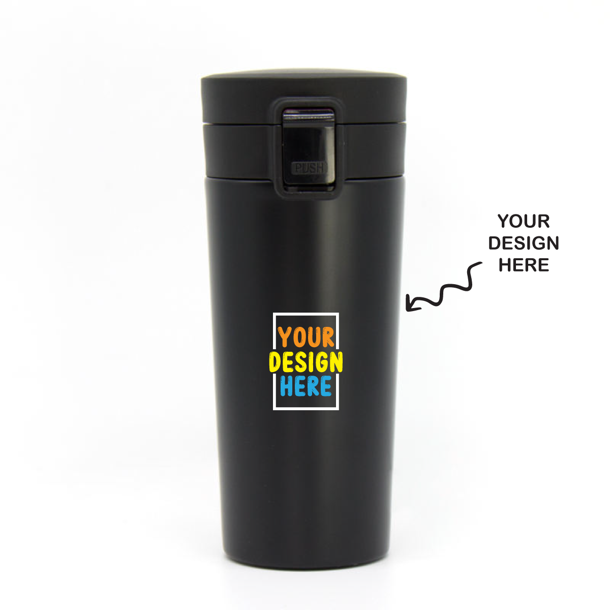 Personalized travel coffee cup in sleek black with customizable design area for unique styles
