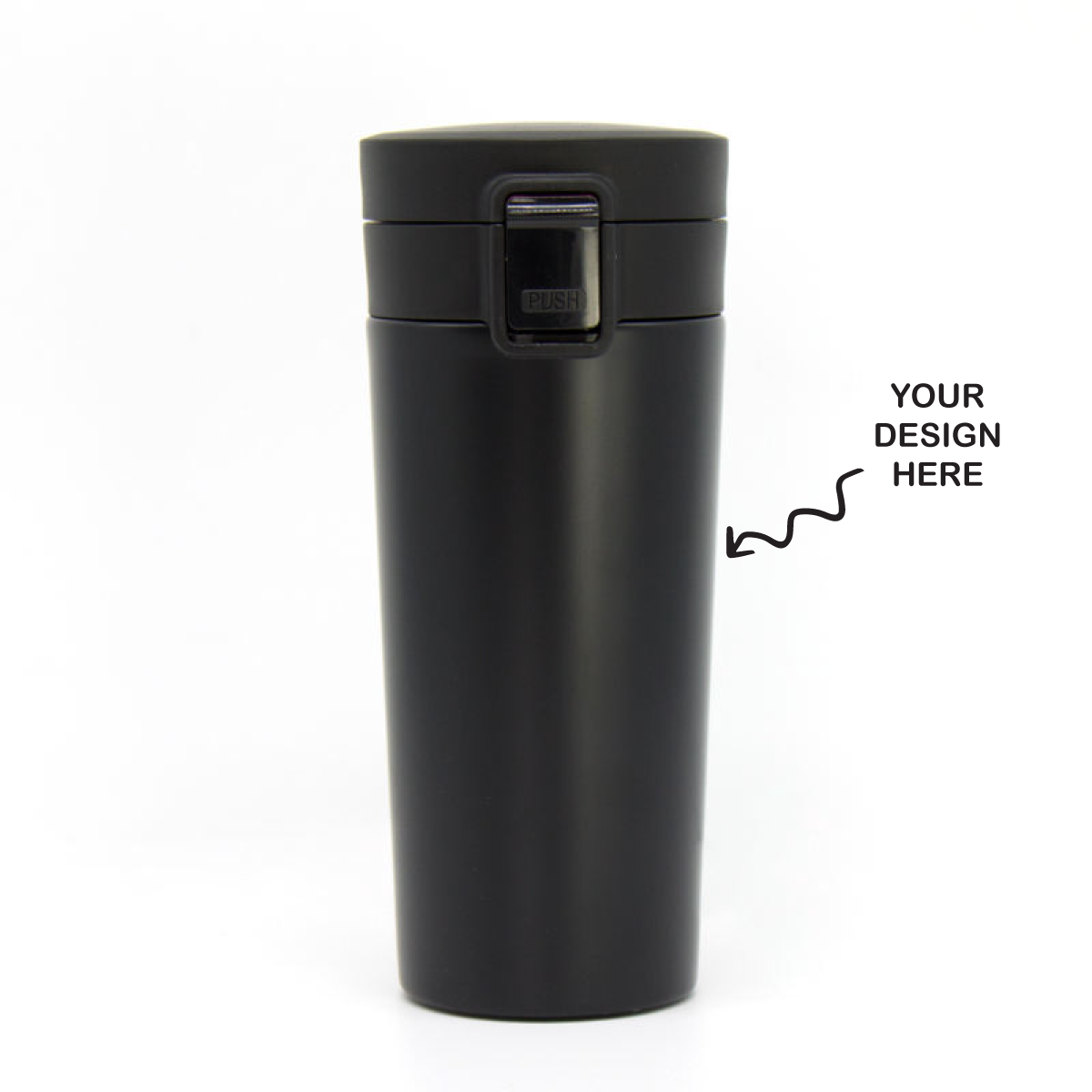 Personalized travel coffee cup in sleek black finish with customizable design option for coffee lovers