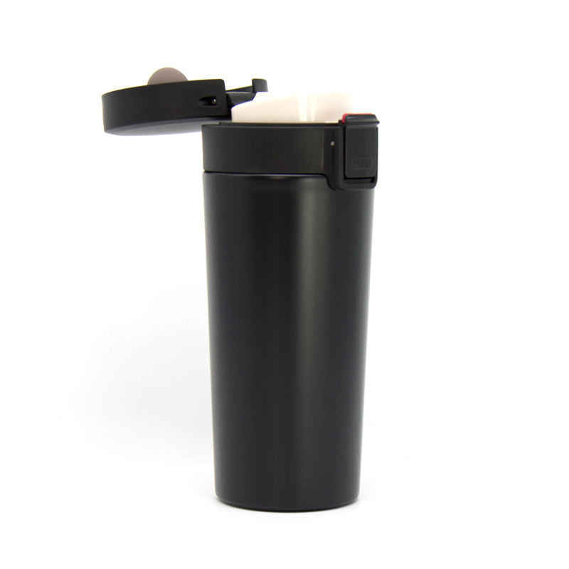 Sleek black personalized travel coffee cup with flip lid for easy sipping and insulation