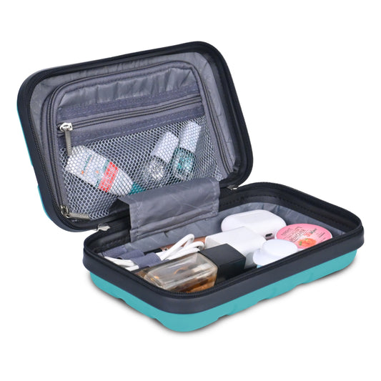 Personalized Unbreakable Travel Organizer opening to reveal compartments for toiletries and gadgets
