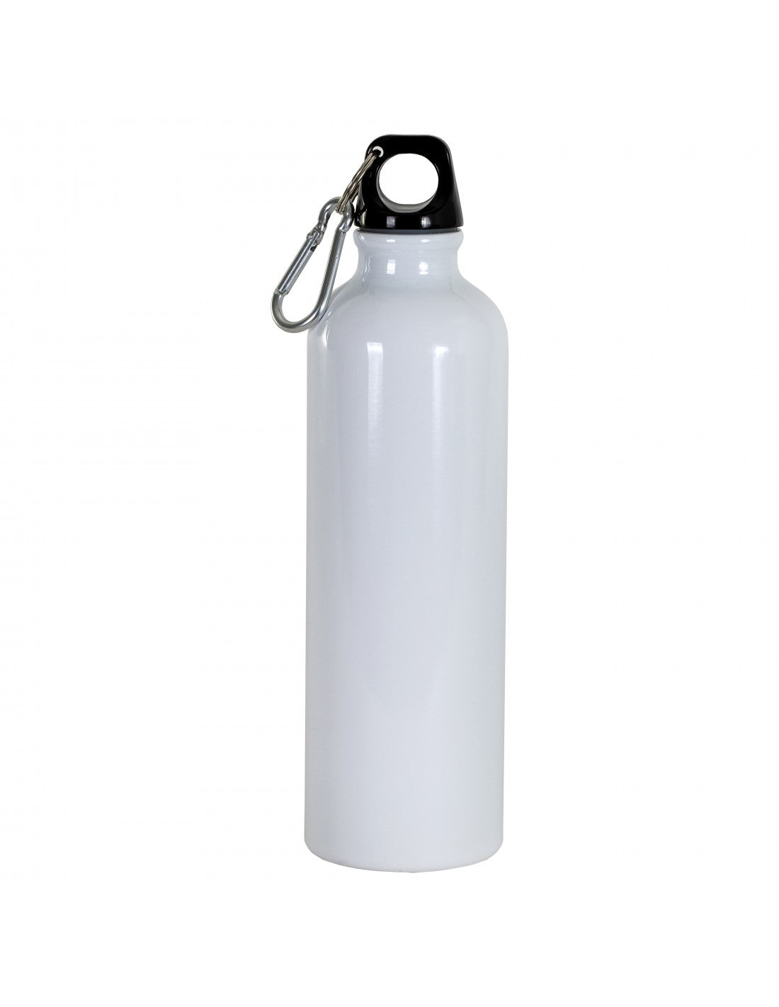 Personalized water bottle gift in white with a black cap and carabiner clip for easy carrying