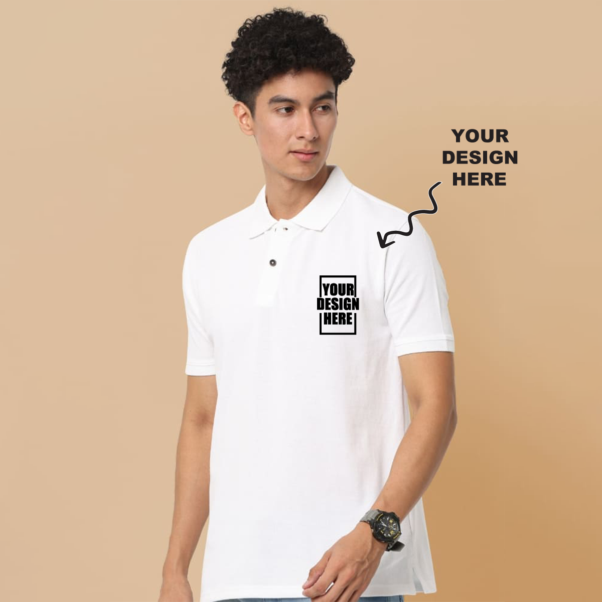 White jacquard polo t-shirt with a placeholder design area showing where users can add their own logo, artwork, or text for personalization.