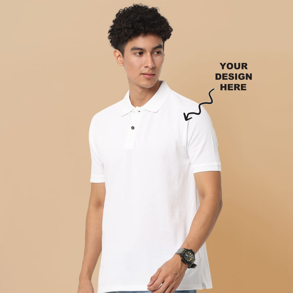White jacquard polo t-shirt with a placeholder logo area showing where users can add their own logo, artwork, or text for personalization.