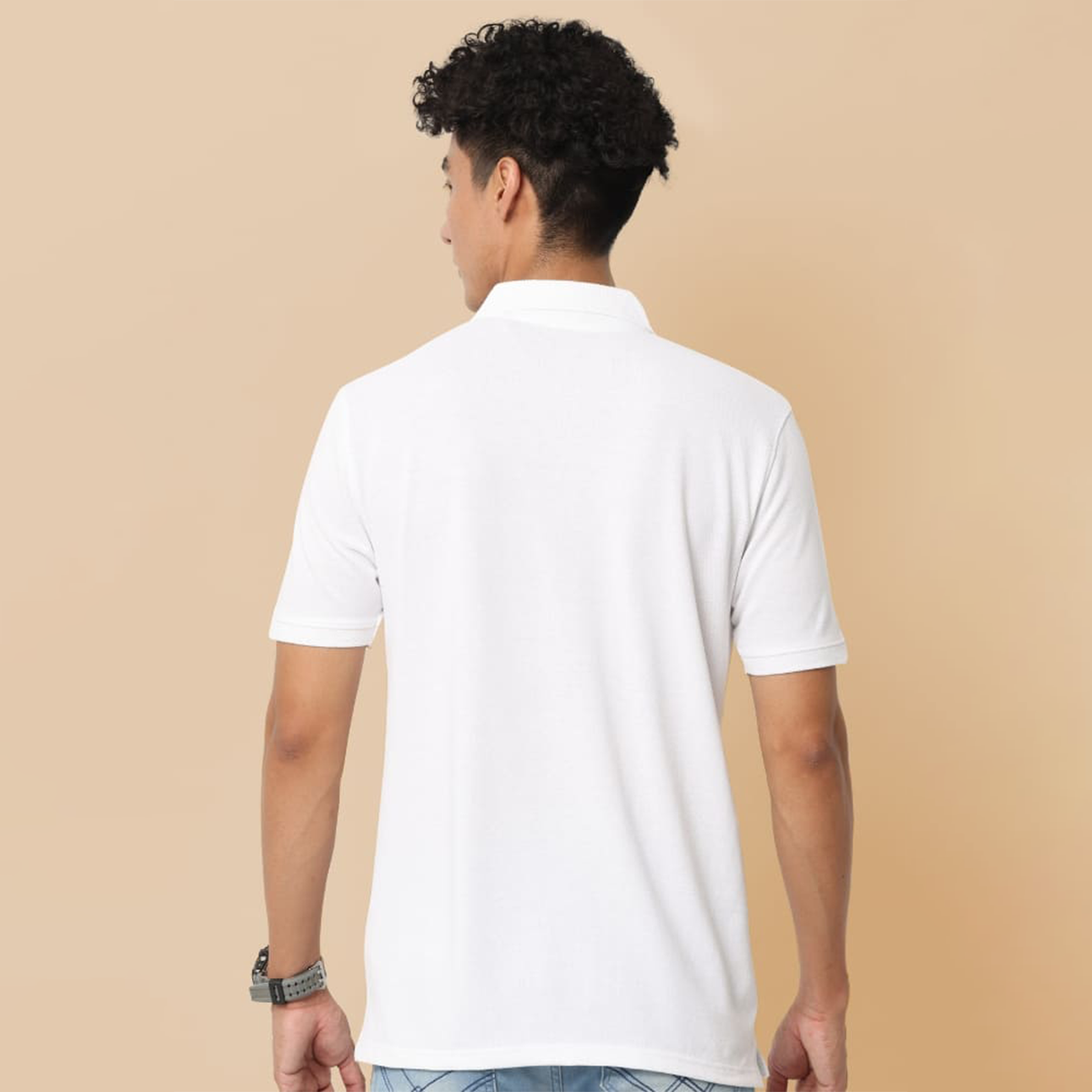 Back view of the personalized white jacquard polo t-shirt showing clean structure and textured fabric finish.