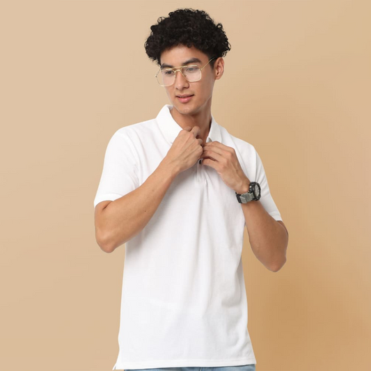 White jacquard polo t-shirt with a corporate logo printed showing where users can add their own logo, artwork, or text for personalization.