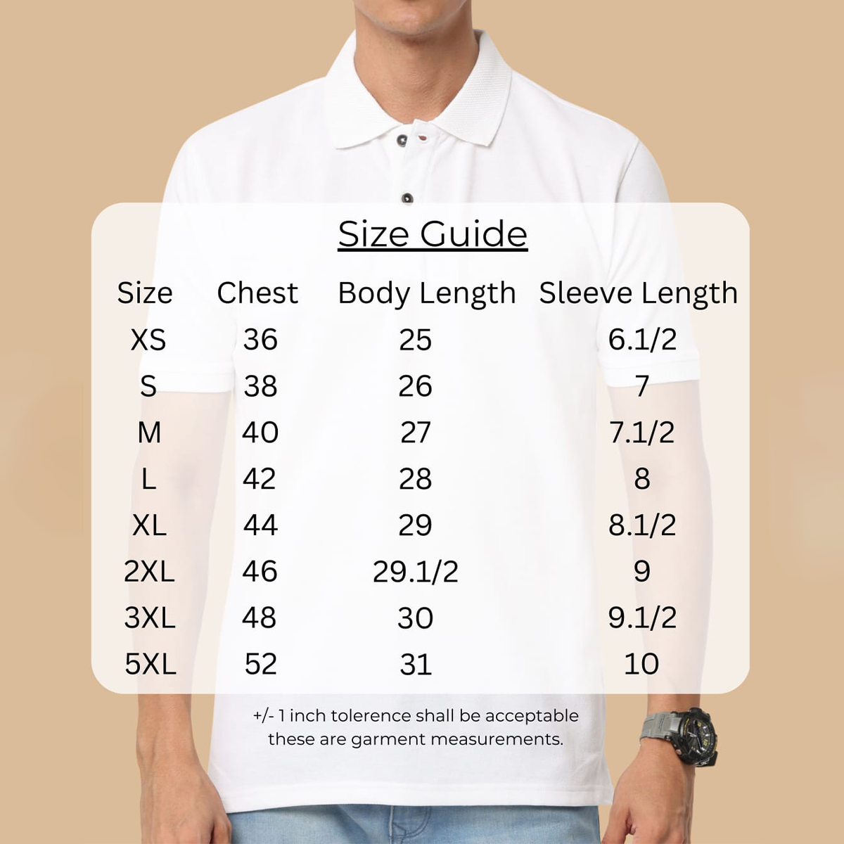 Size chart for Personalized White Jacquard Polo T-Shirt showing chest, length, and shoulder measurements for sizes S to XXL.