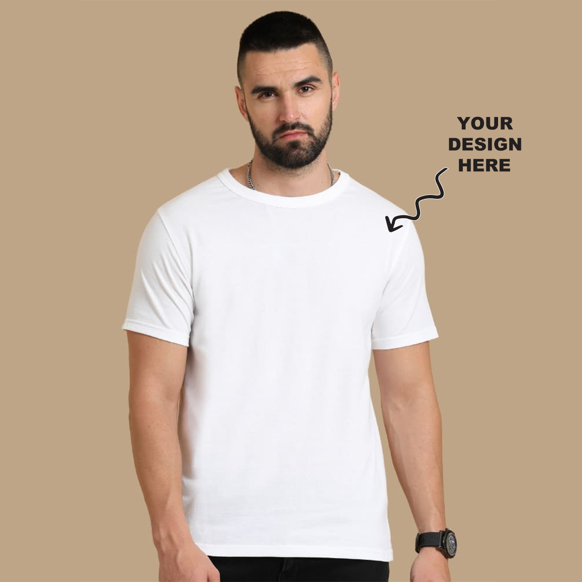 White round neck t-shirt with a placeholder logo area showing where users can add their own logo, artwork, or text for personalization.