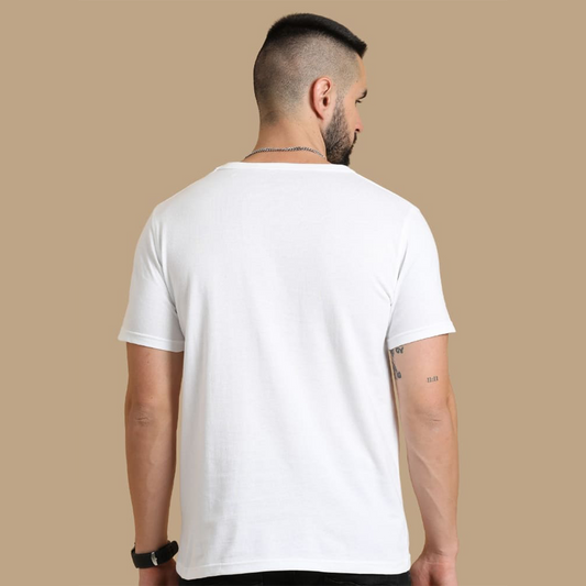 Back view of the personalized white round neck t-shirt showing clean structure and textured fabric finish.