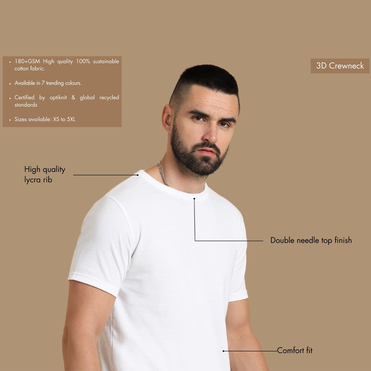 Features of the personalized white round neck t-shirt including sustainable 180GSM fabric, jacquard texture, custom embroidery, side slits with bartack stitching, and premium collar and cuffs.