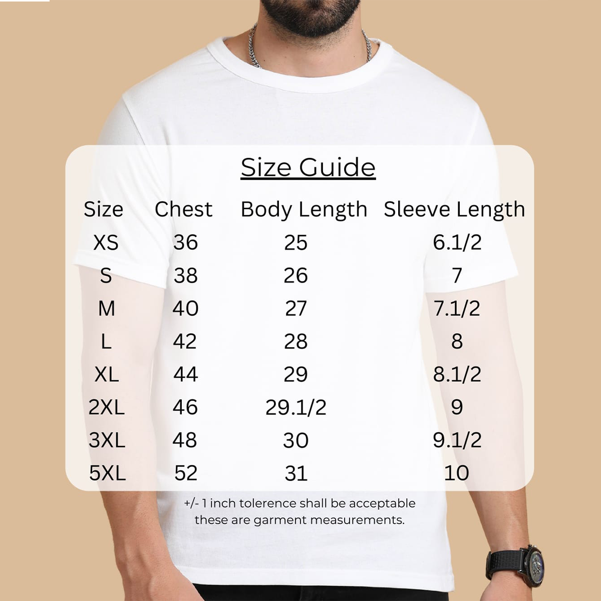 Size chart for Personalized White round neck T-Shirt showing chest, length, and shoulder measurements for sizes S to XXXL