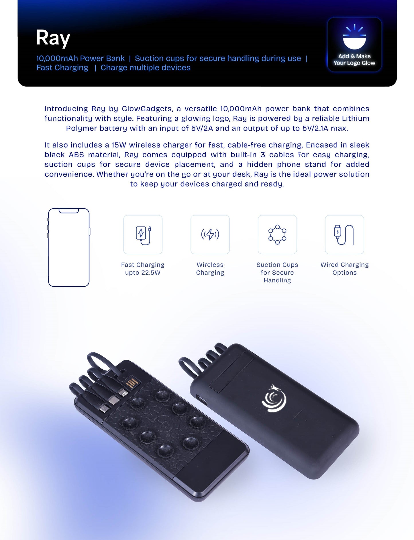 Personalized Logo Glow 10000mAh Wireless Powerbank - For Corporate Gifting, Event Gifting, Freebies, Return Gift, Promotions - HK10287