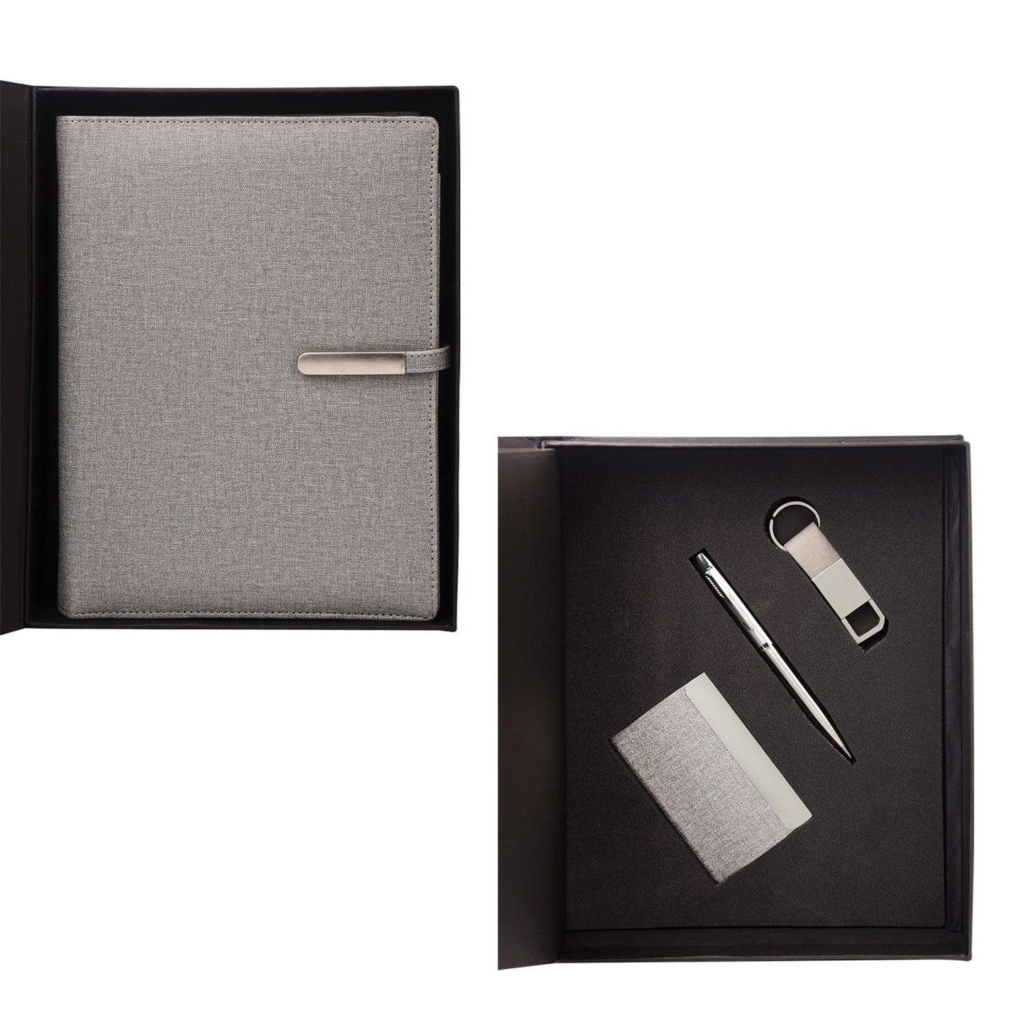 4 in 1 Personalized Grey Power Bank Notebook Diary, Pen, Keychain, and Card Holder Combo - For Employee Joining Kit, Client, Dealer Gifting, Corporate Gifting or Return Gift HK2564