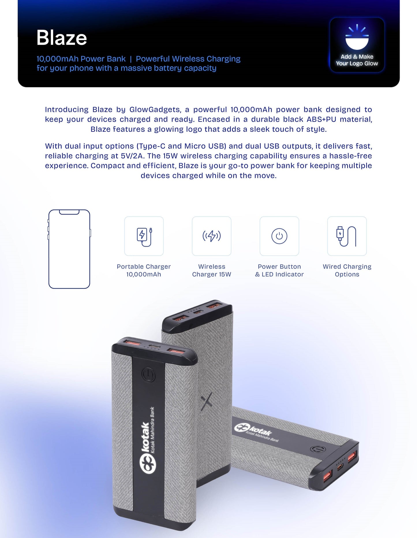 Personalized Logo Glow 10000mAh Jute Finished Wireless Powerbank - For Corporate Gifting, Event Gifting, Freebies, Return Gift, Promotions - HK10283