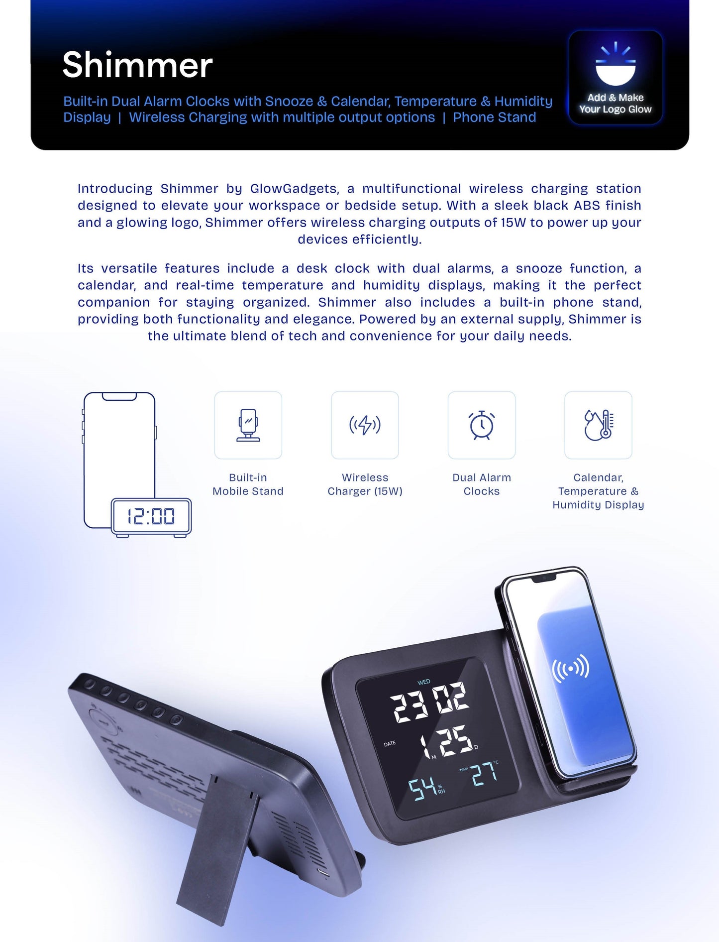 Personalized Logo Glow Wireless Charger with Clock - For Corporate Gifting, Event Gifting, Freebies, Return Gift, Promotions - HK10288