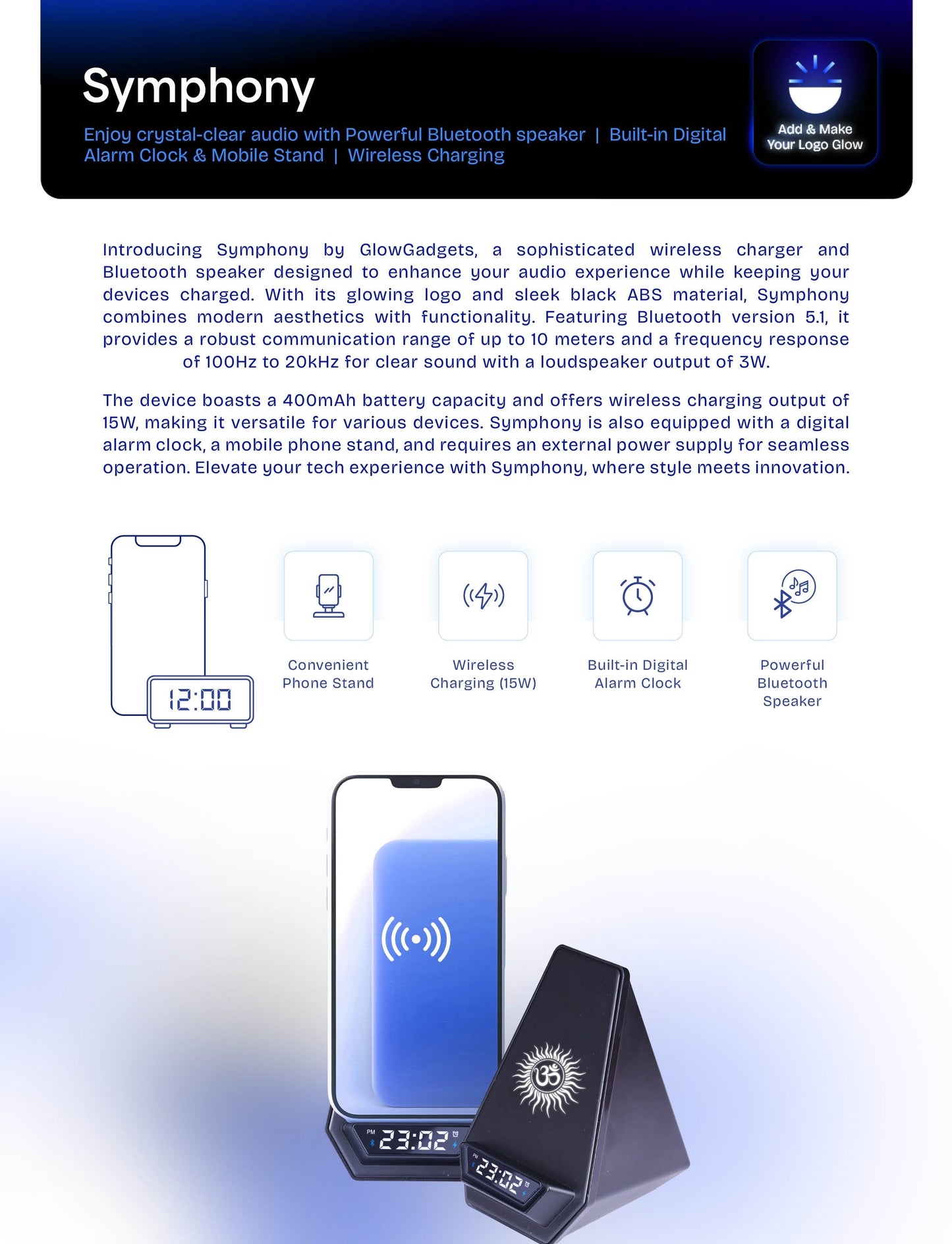 Personalized Logo Glow Multipurpose Bluetooth Speaker, Wireless Charging, Clock, cum Phone Stand - For Corporate Gifting, Event Gifting, Freebies, Return Gift, Promotions - HK10285