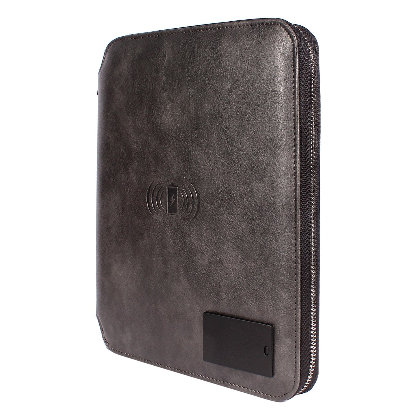Personalized 2 in 1 Charcoal Black Leather Finished 8000mAh Power Bank Diary Logo Glow Combo Gift Set - For Employee Joining Kit, Client, Dealer Gifting, Corporate Gifting or Return Gift HK10244