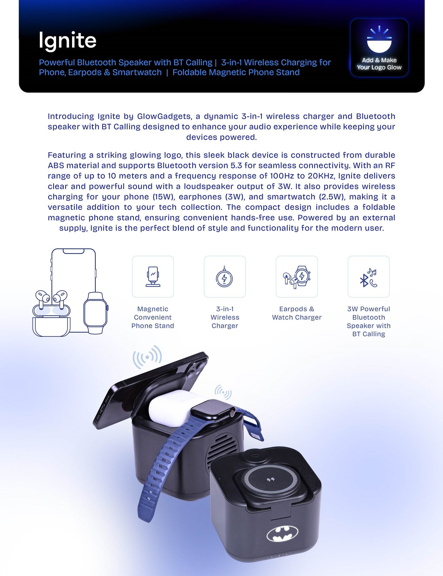 Personalized Logo Glow Multipurpose Bluetooth Speaker cum 3 in 1 Wireless Charger - For Corporate Gifting, Event Gifting, Freebies, Return Gift, Promotions - HK10286