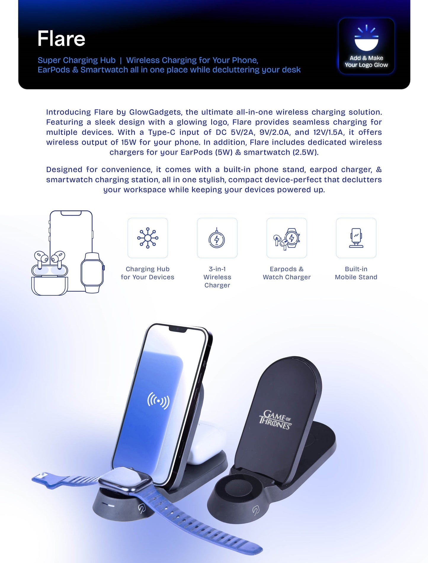 Personalized Logo Glow Multipurpose 3in1 Wireless Charger - For Corporate Gifting, Event Gifting, Freebies, Return Gift, Promotions - HK10289