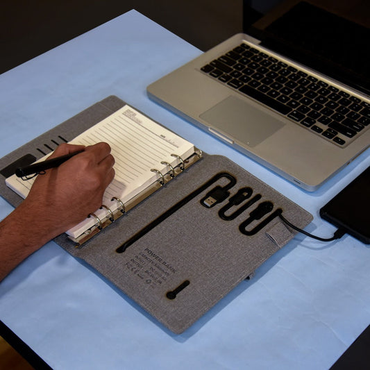 Personalized Grey Jute Power Bank Notebook Diary - For Office Use, Personal Use, Return Gift, or Corporate Gifting - HKJDPB