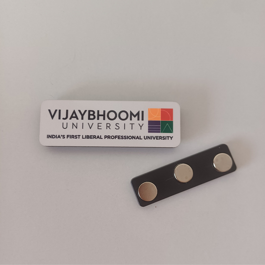 Front and back view of personalized rectangular badge showing magnet and des