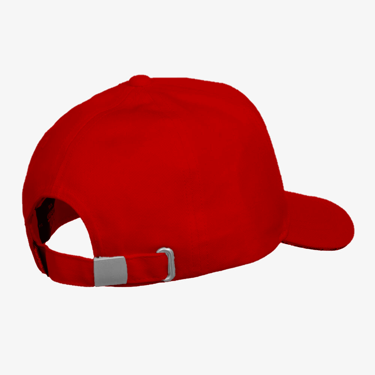 Red 5 panel cap customized with an adjustable strap for a perfect fit