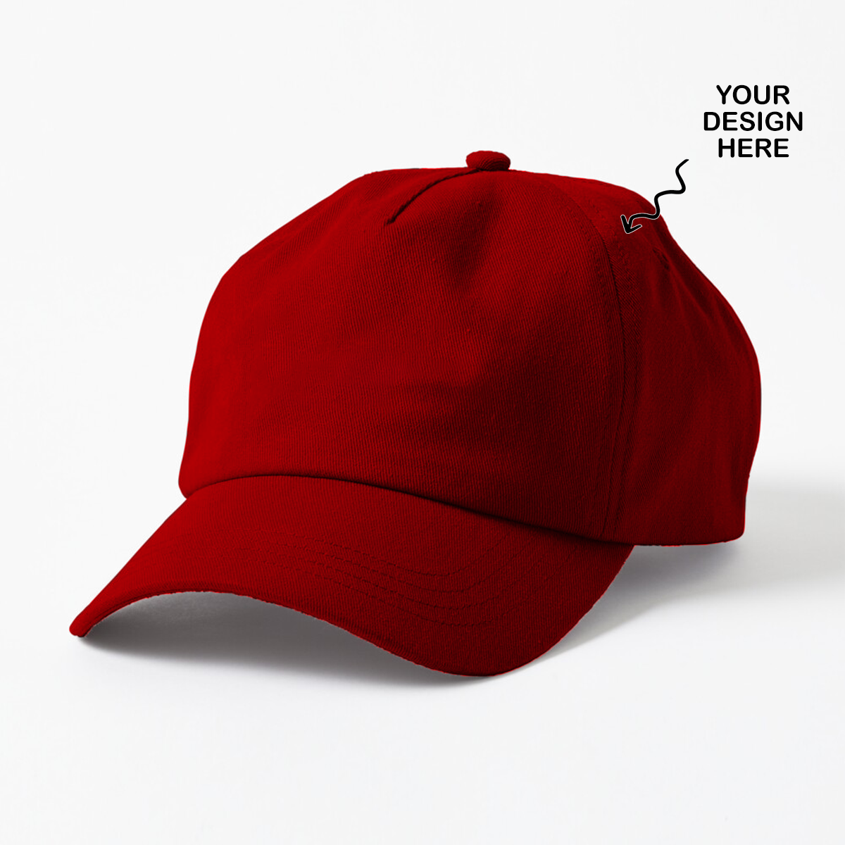 Red 5 panel cap customized with space for your unique design or logo