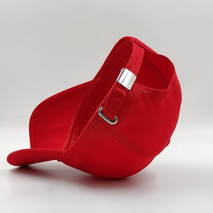 Red 5 panel cap customized with adjustable strap for personalized style