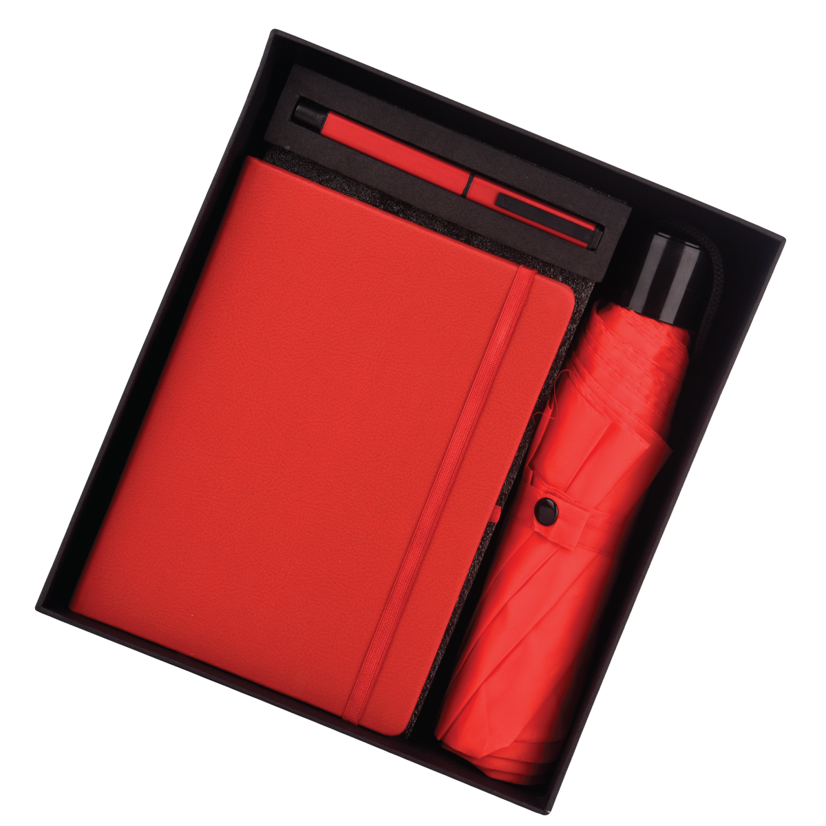Red color 3 in 1 gift set for clients including a notebook, pen, and umbrella