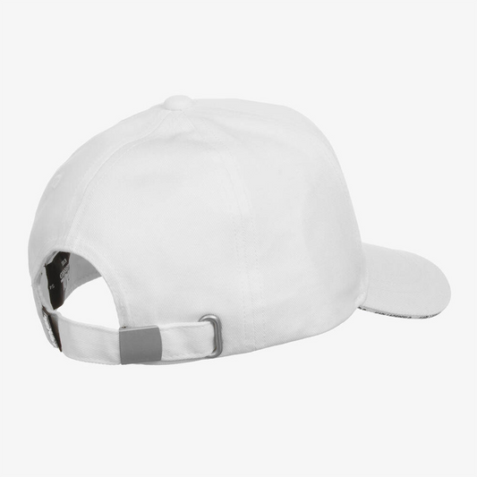 Back view of a personalized cap in white designed for custom logo 5 panel caps