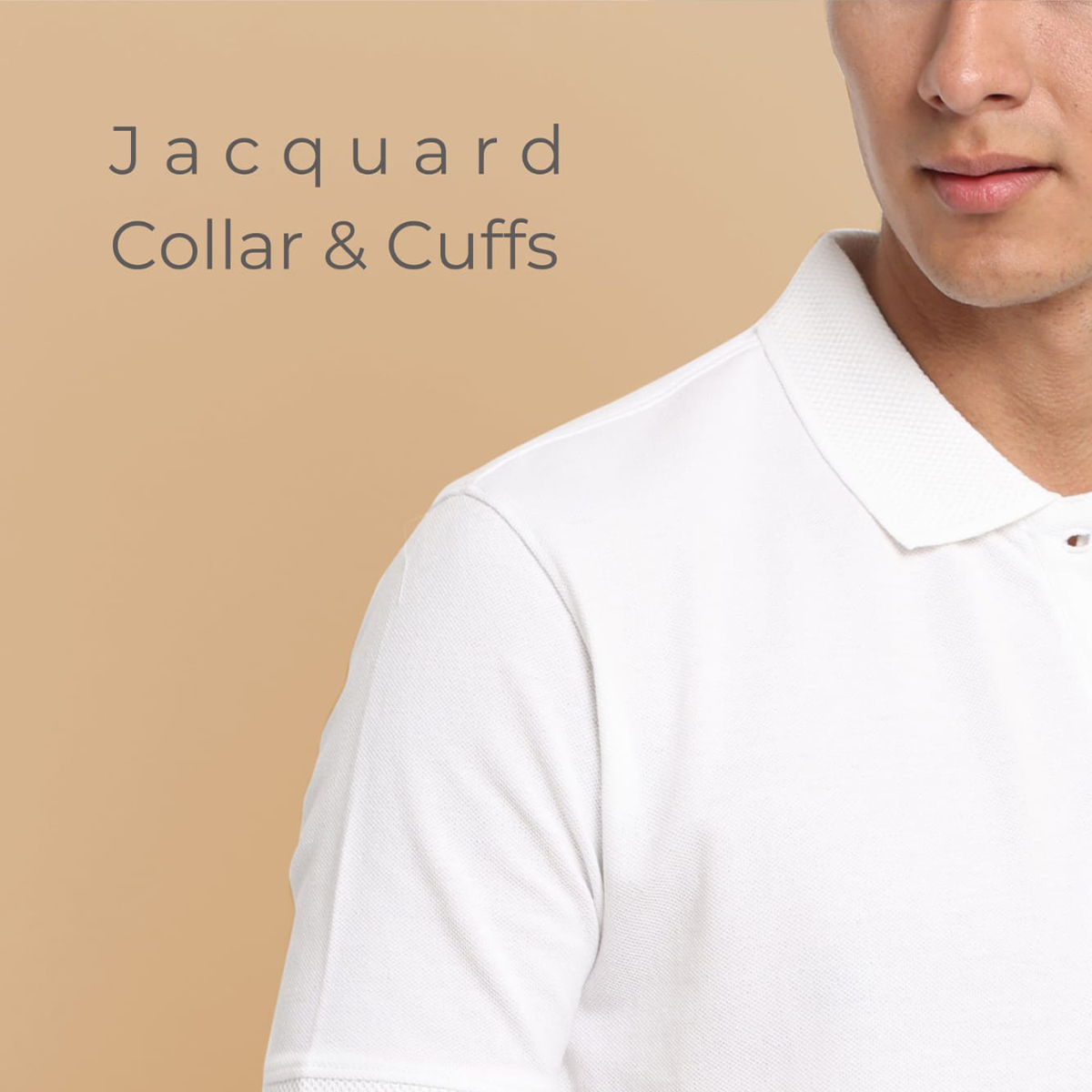 Close-up view of the jacquard collar and cuffs on the white polo t-shirt, highlighting the textured fabric and fine craftsmanship for a premium look.