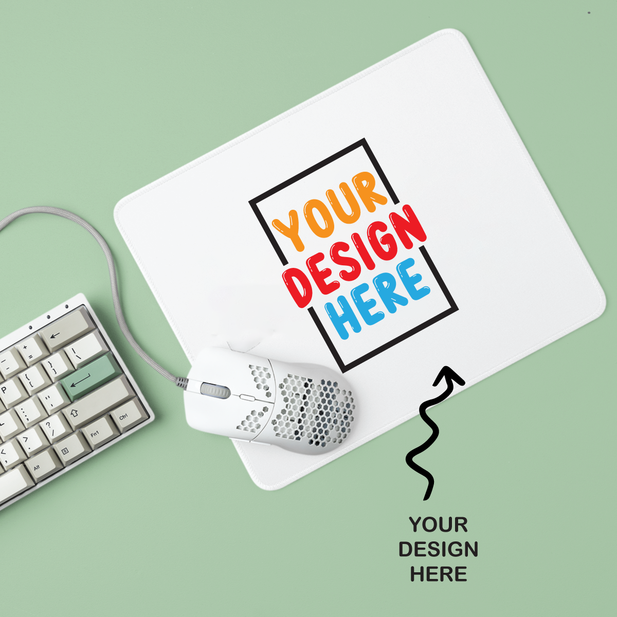 Personalized mousepad for office use featuring custom design space and a white mouse