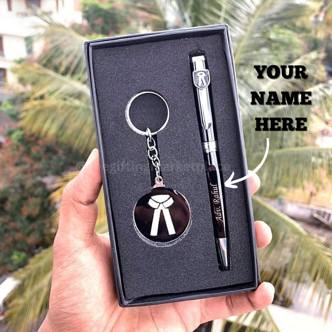 Custom pen and keychain for advocates in a gift set with personalized engraving option