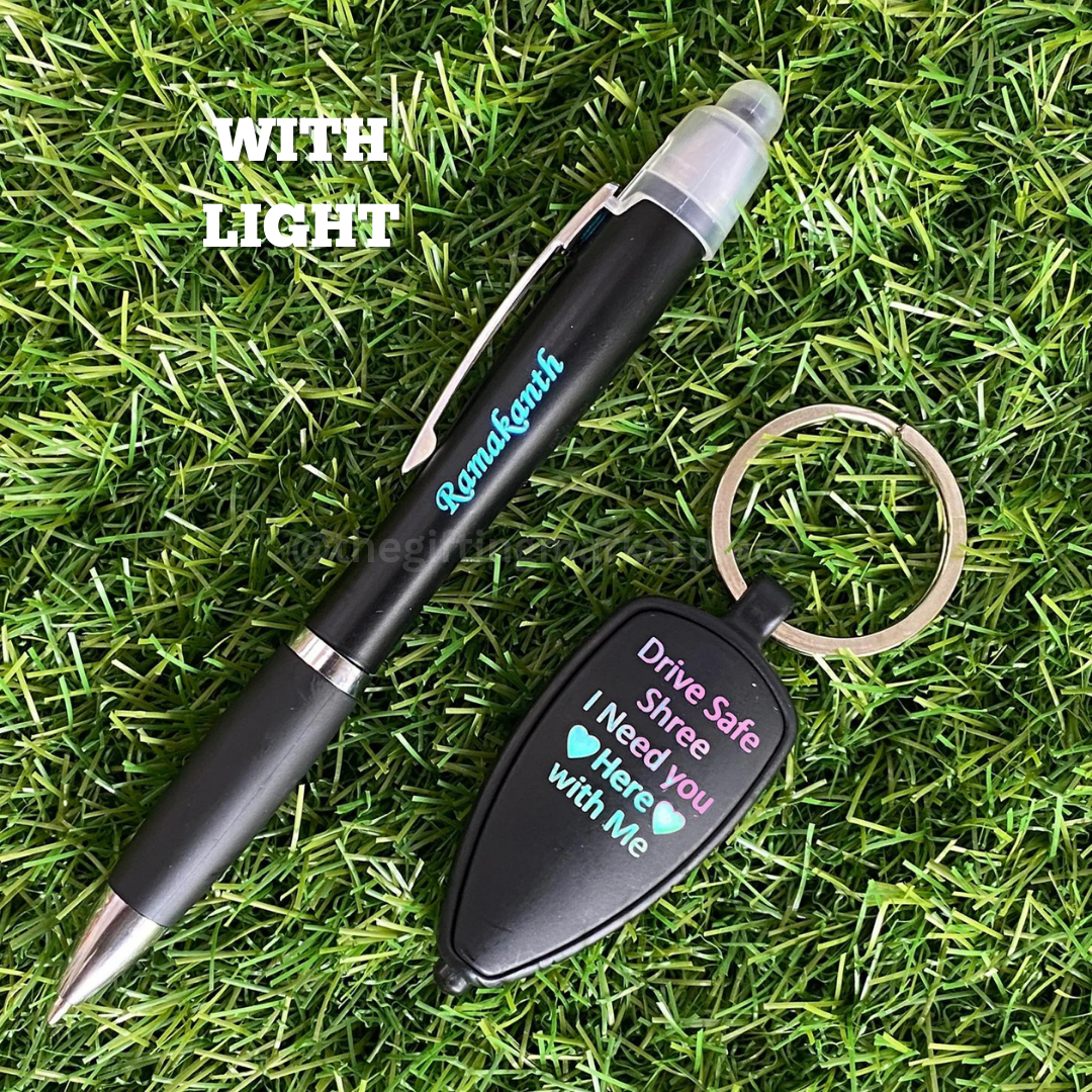Personalized LED Keychain & Pen Set featuring a sleek pen and illuminated keychain with thoughtful messages