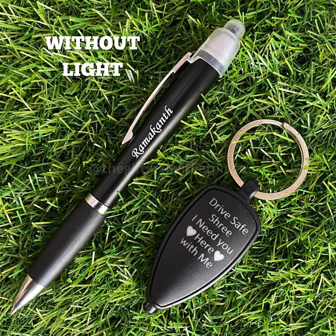 Personalized LED Keychain & Pen Set in black with engraved messages for thoughtful gifting