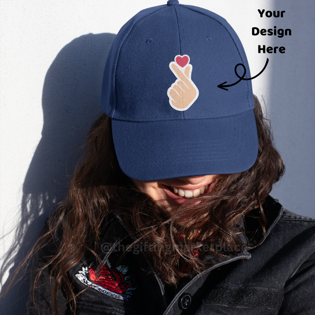 Personalized navy blue cap with customizable design area for unique styles and expressions