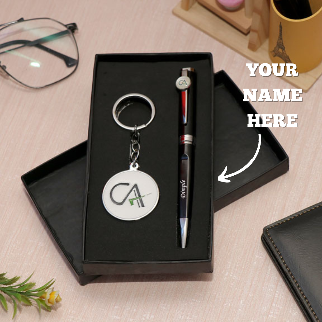 Personalized Pen And Keychain Combo For CA presented in a stylish gift box with custom name option