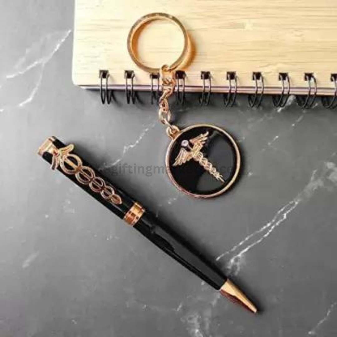 Personalized Pen And Keychain for Doctors on a wooden notebook, featuring a decorative medical symbol