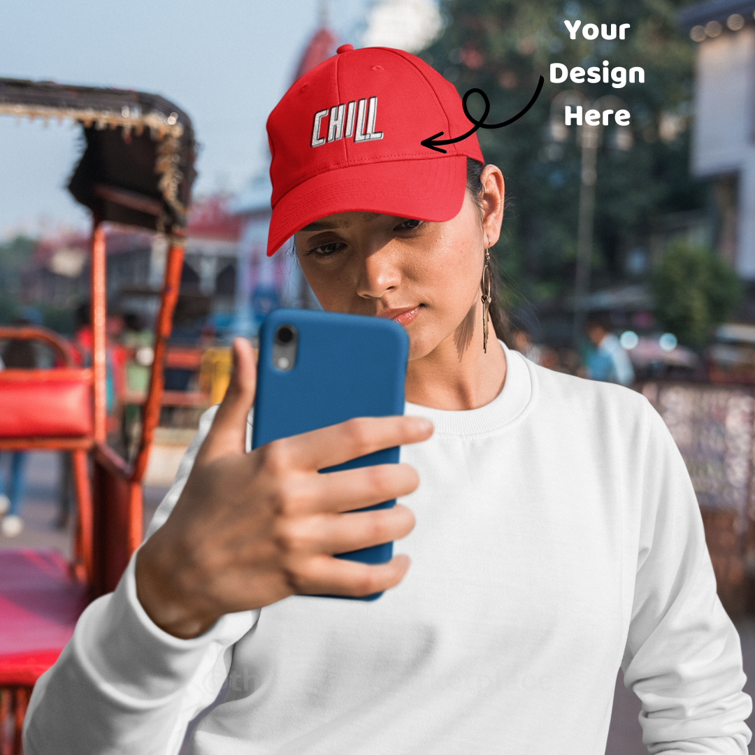 Red 5 panel cap customized with the word CHILL for personalized style and casual wear
