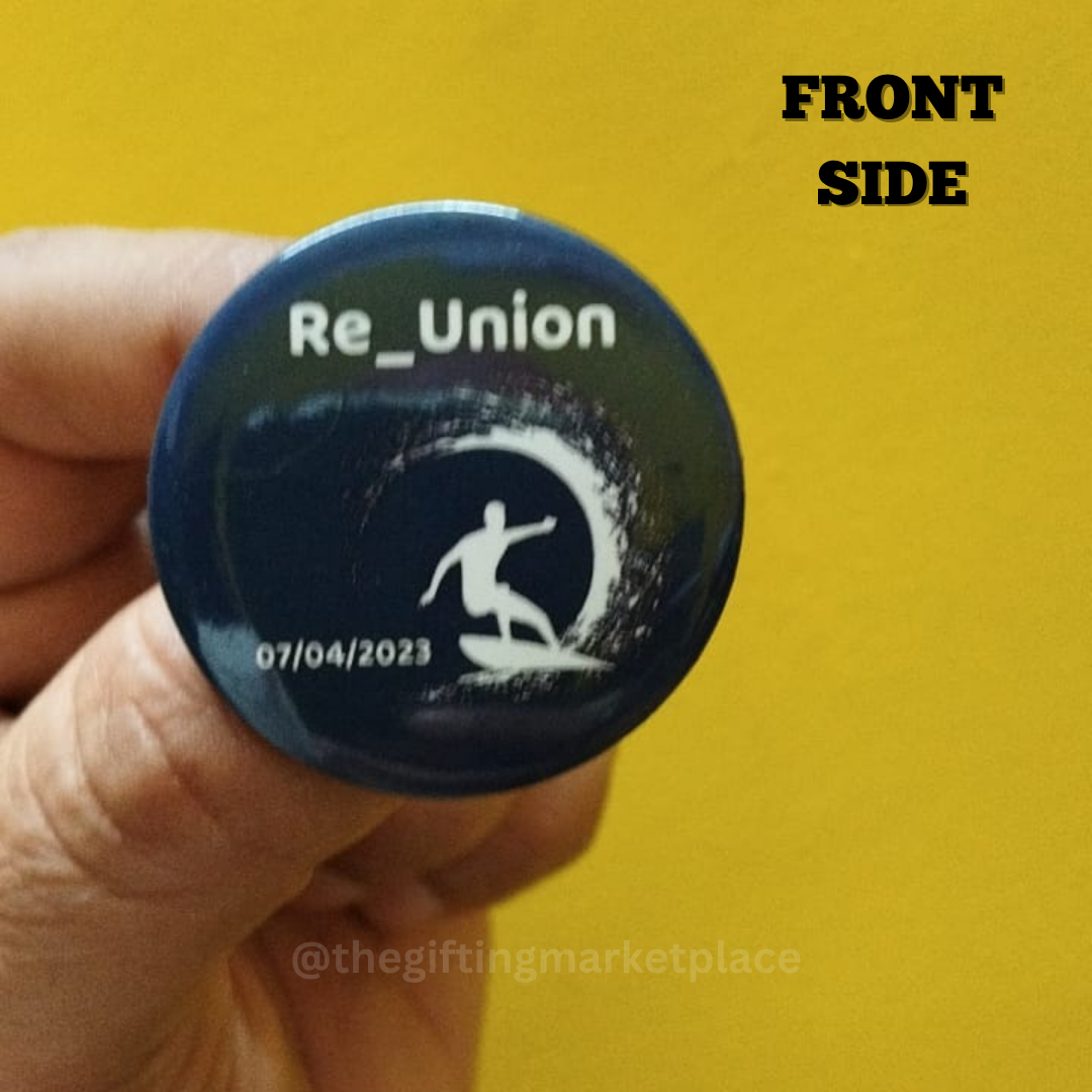 Customized 44mm Pin Badges featuring a surfer design and date on the front side