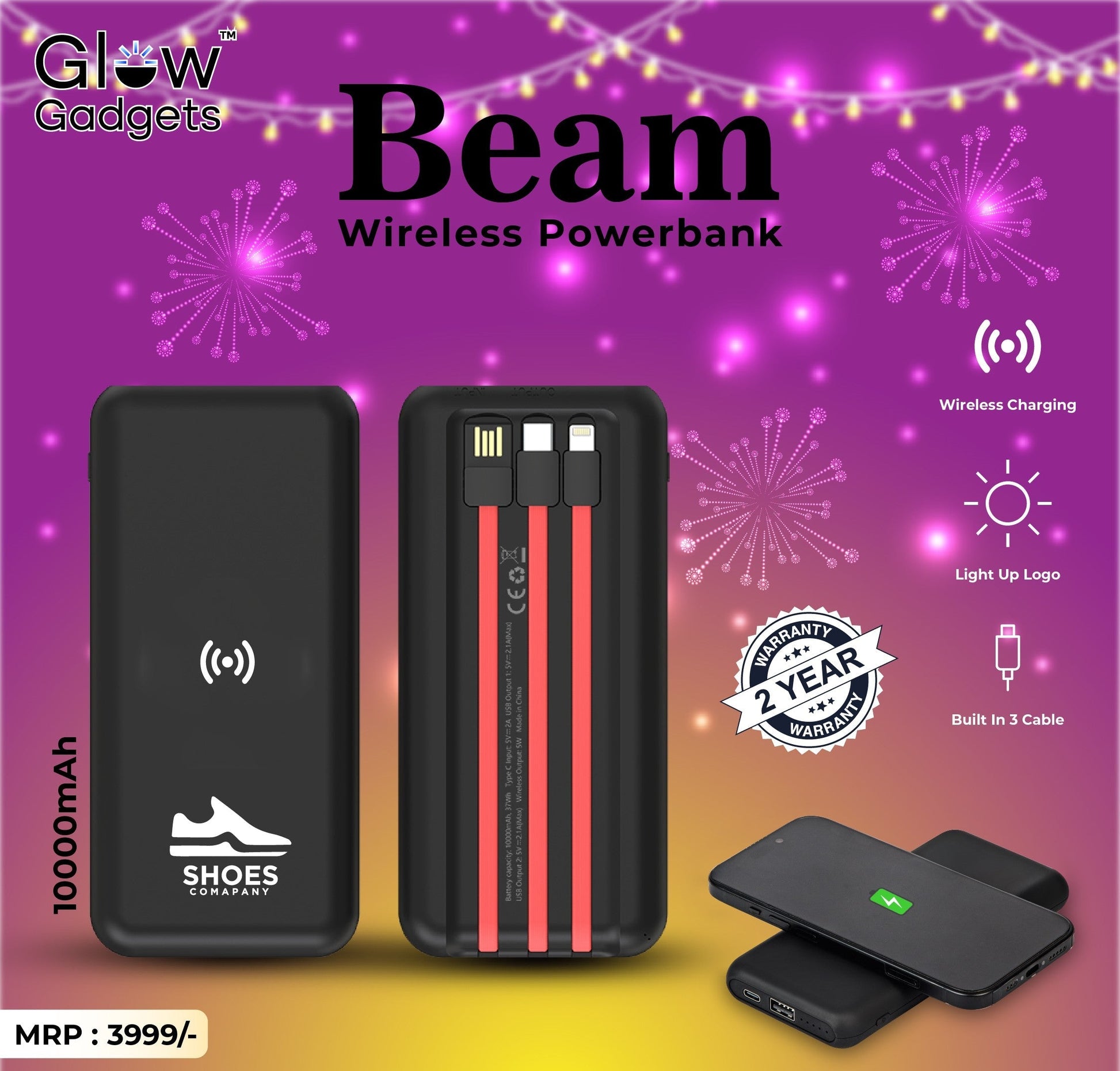 Personalized Logo Glow 10000mAh Powerbank with Inbuilt Charging Cables - For Corporate Gifting, Event Gifting, Freebies, Return Gift, Promotions - HK10282